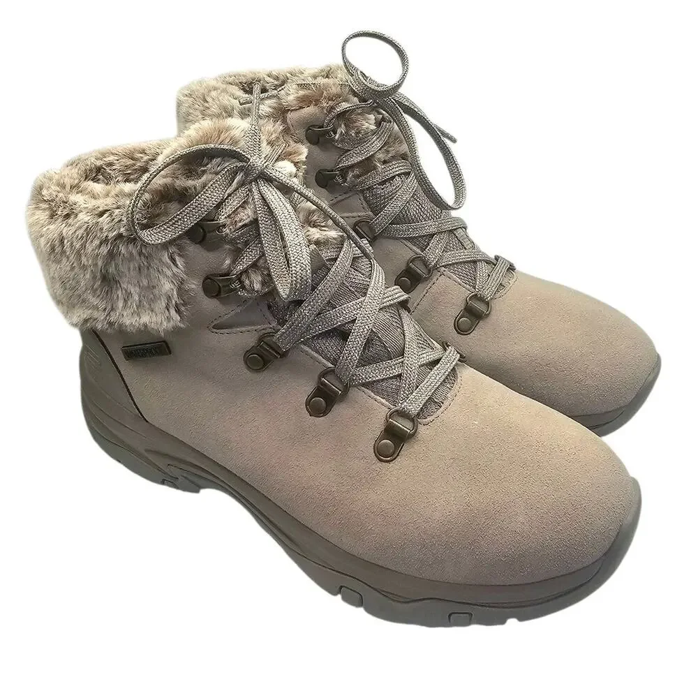 Skechers Taupe Trego Falls Finest Suede Waterproof Faux Fur Snow Winter Boots
